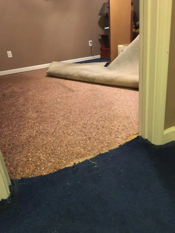 Carpet pad removal revealing water damage during Water Mitigation Services in Corinth